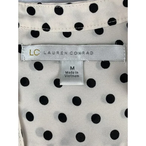 LC Lauren Conrad Button-Front Beige & Black Polka Dot Blouse Rolled Cuffs Medium - Picture 10 of 11